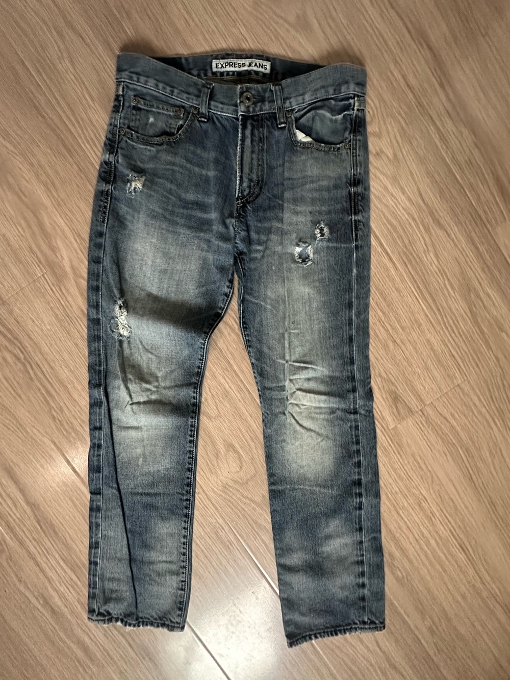 Express Men’s Straight Leg Distressed Jeans — Faded Blue